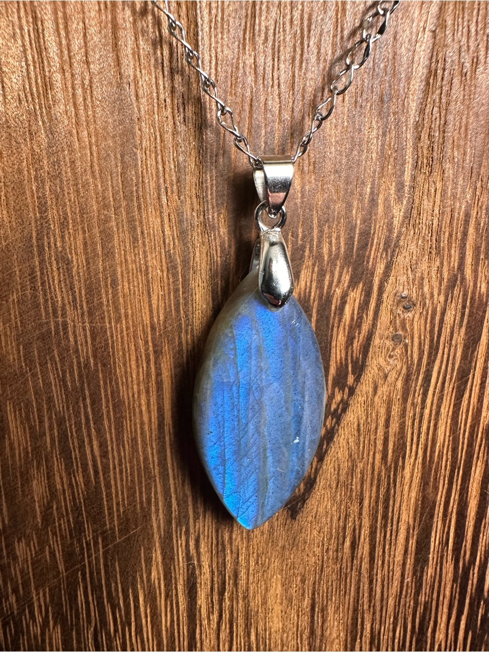 Blue Labradorite Marquise Shaped Pendant Necklace on Stainless Steel Chain - Picture 1 of 16